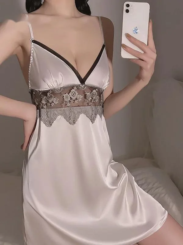 صيف جديد ربيع مثير عميق الخامس الساتان خياطة شبكة التطريز الحمالة فضفاضة الخصر منظور الشيفون فستان بتصميم بدلة أنيقة N5ZW