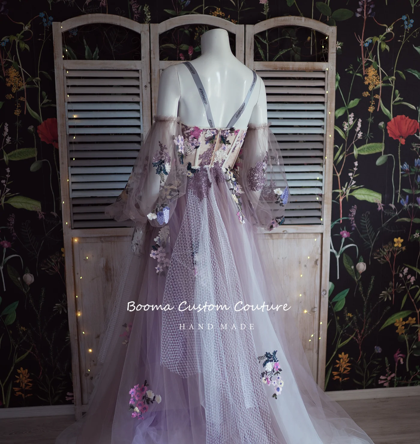 Booma Fairy Lavender Sweetheart Tulle Prom Dresses Puff Sleeves Floral Appliques A-Line Long Formal Party Dresses Customized