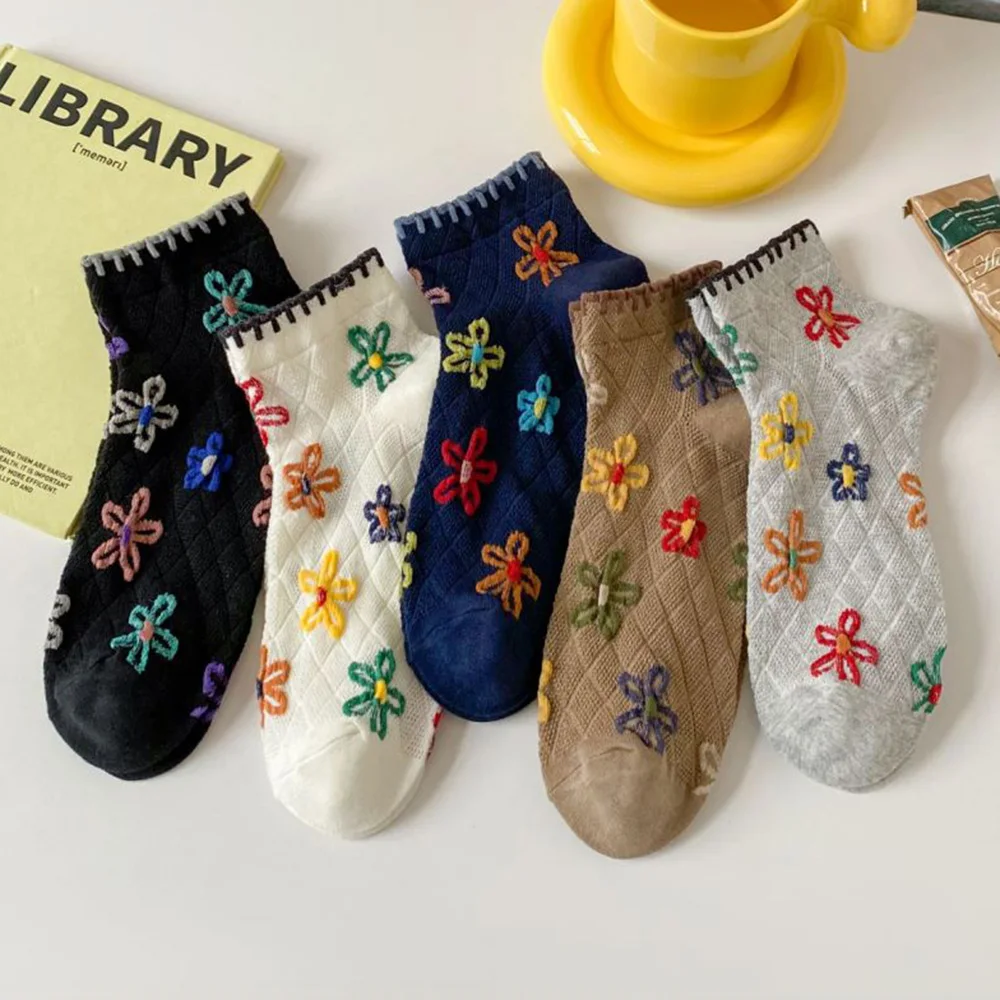 

5 пар носков для женщин, весна-лето, короткие принты в японском стиле, модные корейские женские носки в стиле Харадзюку с низкой трубкой, пакет Calcetines