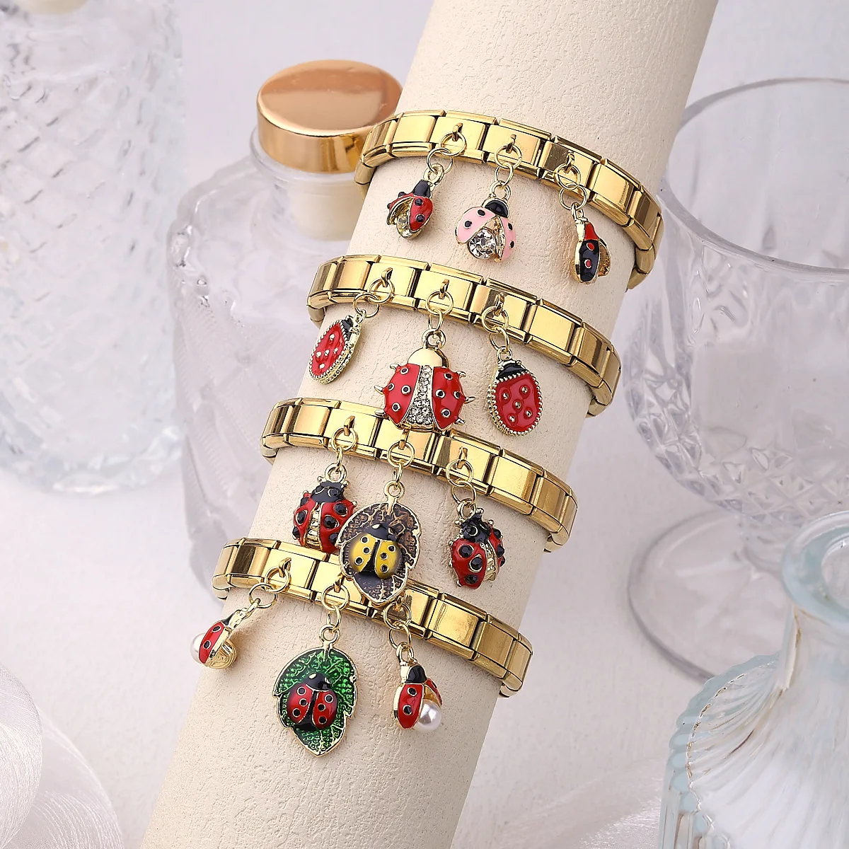 Vintage Insect Series Italian Module Bracelet Links Colorful Ladybug Slide Charms Waterproof Stainless Steel Adjustable Stretch