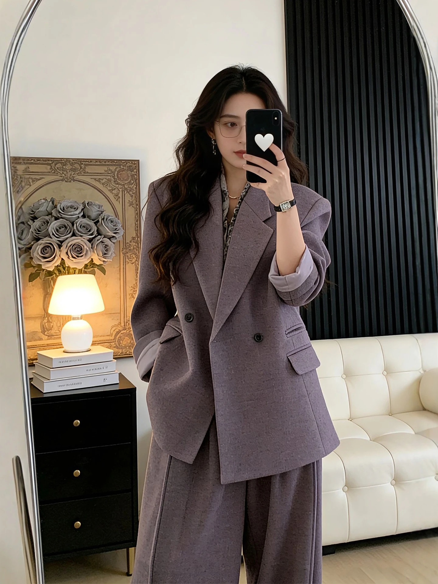 

plus Size Women's Purple Suit Jaet And Wide Leg Pants Two Piece Set Casual Faion Autumn Winter Clothing High Waist Trousers