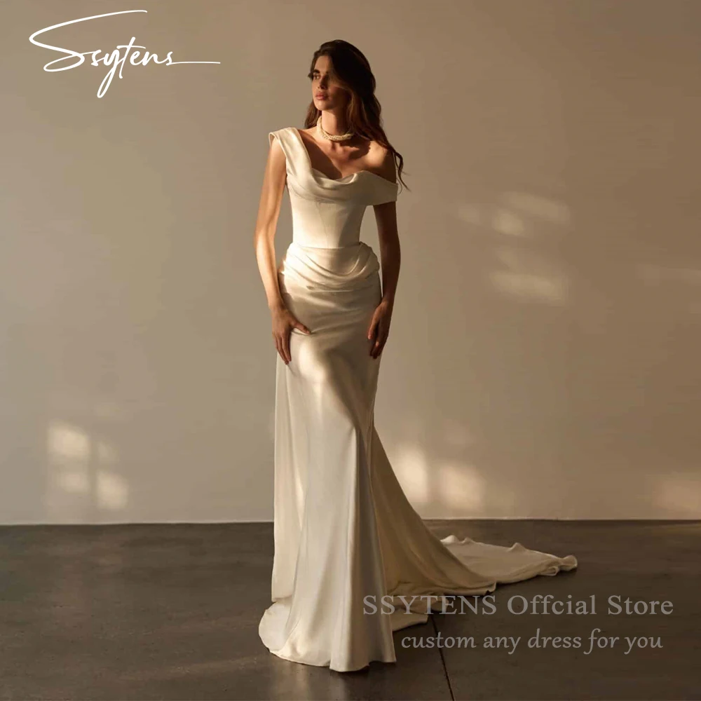 SSYTENS Elegant lvory Satin Wedding Dresses Off Shoulder Mermaid Bridal Gowns Elegant Sweep Train Women Bride Dress Customized