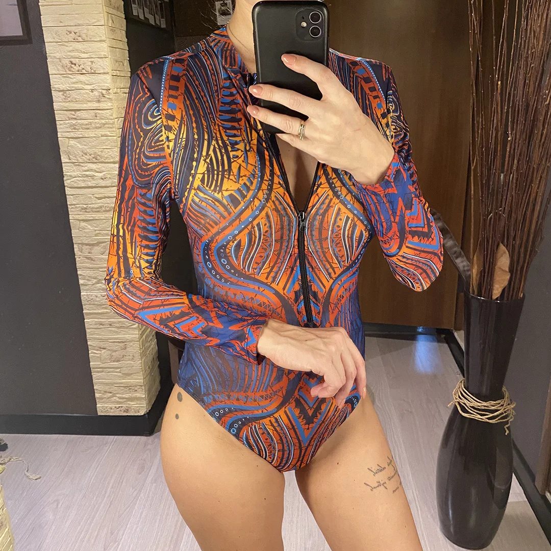 XS - XXL Bedruckter Langarm-Badeanzug mit Hose, Damen-Badeanzug, einteiliger Badeanzug, Damen-Badeanzug mit Reißverschluss und Polsterung, Badebekleidung, Badeanzug V7094 – Detail 8