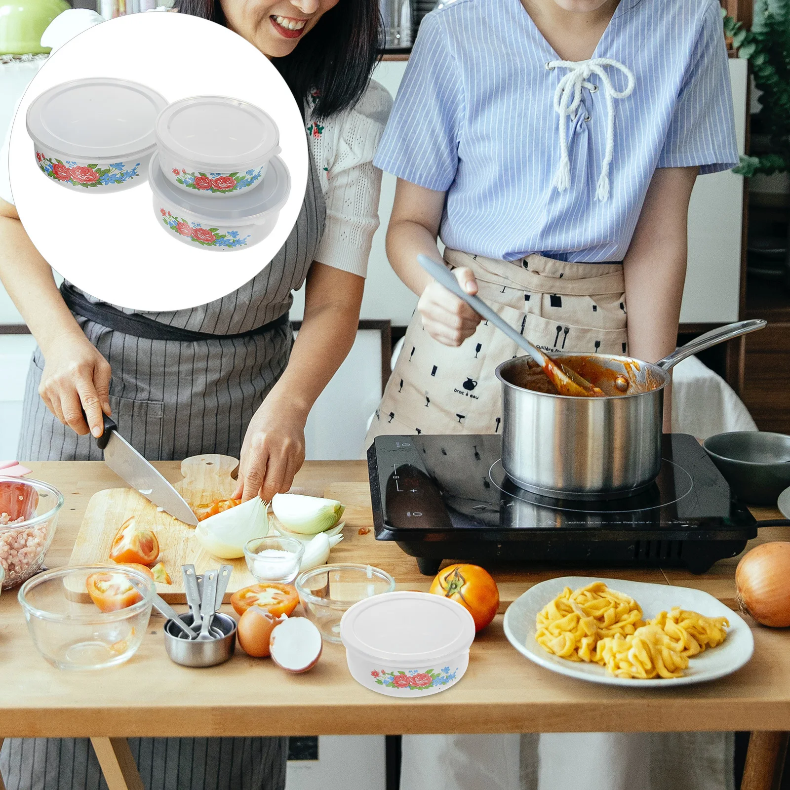 

3 Pcs Enamel Bowl Large Salad Containers with Lids for Storage Fruit Design Crockery "enamel Food