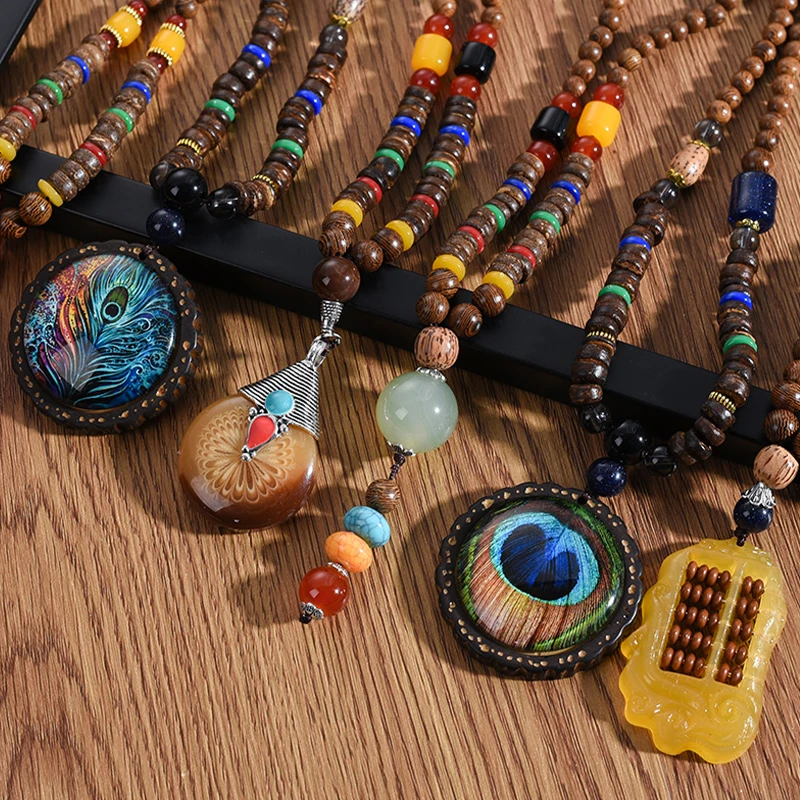 Ethnic Boho Wood Beads Long Necklace Vintage Peacock Feathers Nepal Long Buddhist Mala Wooden Pendant Chains Overcoat Necklaces