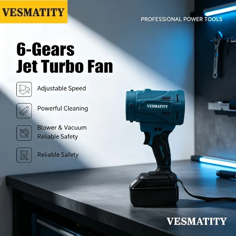 VESMATITY 130000RPM Brushless Jet Turbine Fan 6 Speed Hair Dryer Dust Removal Tool for 18V 20V Battery Max Pro Ultra