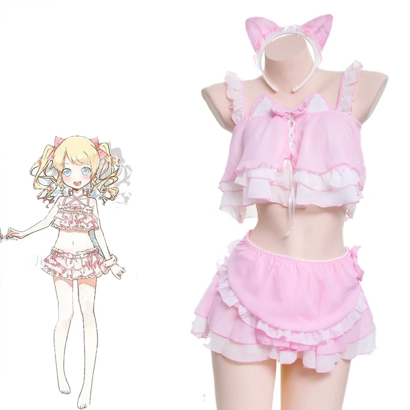 Anime Lolita Katten Meisje Meid Badpak Kostuum Leuke Roze Kat Oren Badmode Uniform Pool Party Cosplay