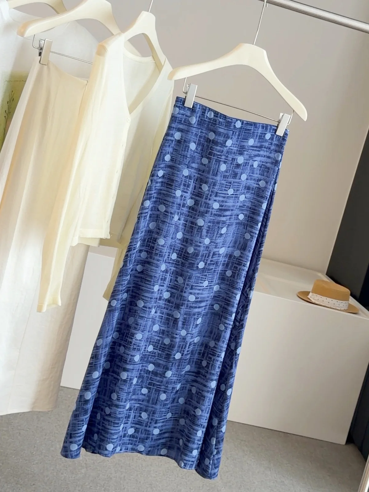

Harajuku Vintage Blue Polka Dot Chiffon Maxi Skirt High Waist A-line Casual Skirt For Women Summer Elegant Office Lady Wear Y2K
