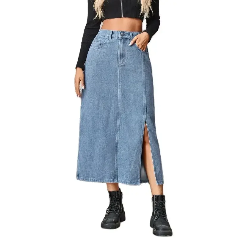 Vintage Stretch Elasticated Waist Women Denim Skirt Side Split Hem Commuter Half-body Dress Female Comfortable Casual Streetwear