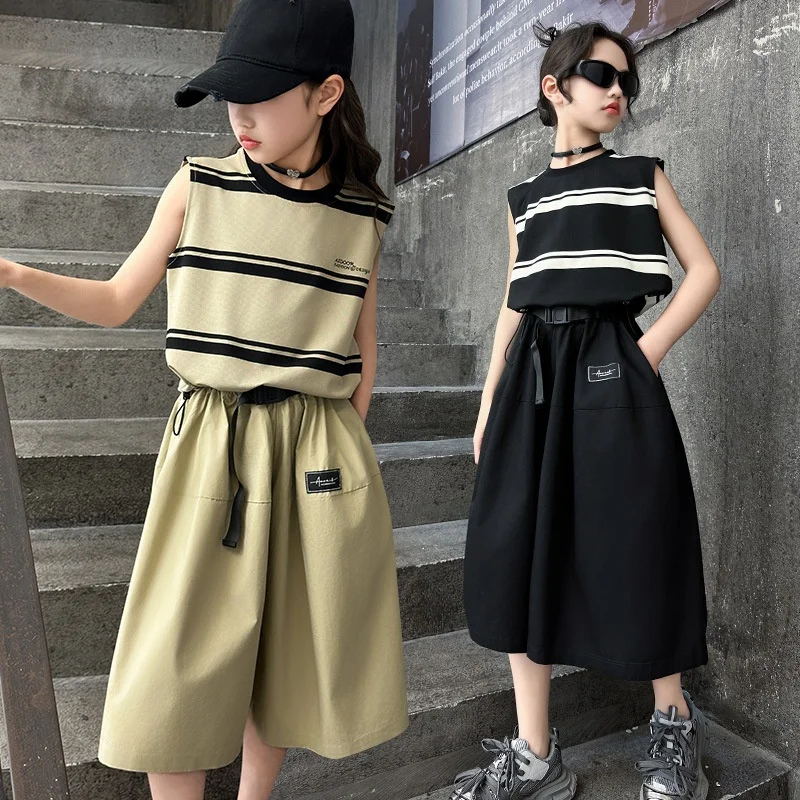 Summer New Girls Cloth Child Set Sleeveless Suit Teen Striped T shirt Top + Elastic Waist Bloomers Pant Skirt 4 8 10 12 14 Year