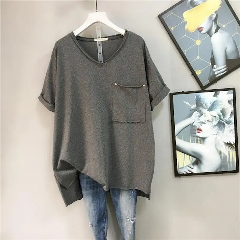 

98% Cotton T Shirt Women Solid Color Pocket Design T-shirt Casual Loose V-neck Short Sleeve Oversized Tops Summer Trend Tshirt