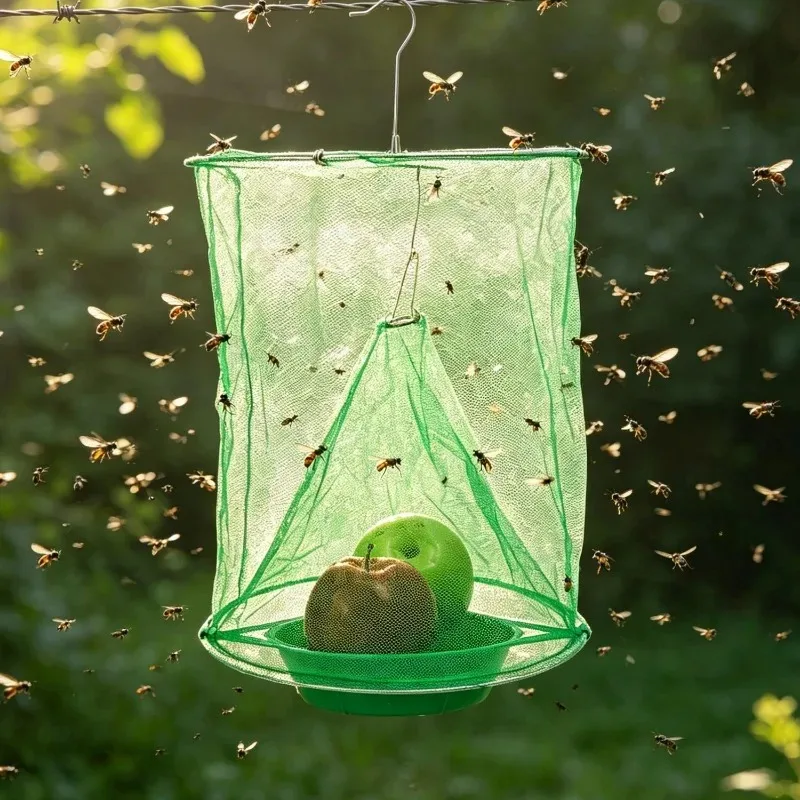 Reusable Fly Trap Foldable Waterproof Hanging Insect Cage with Bait Tray for Garden Farm Ranch Outdoor Non Toxic Control Catcher