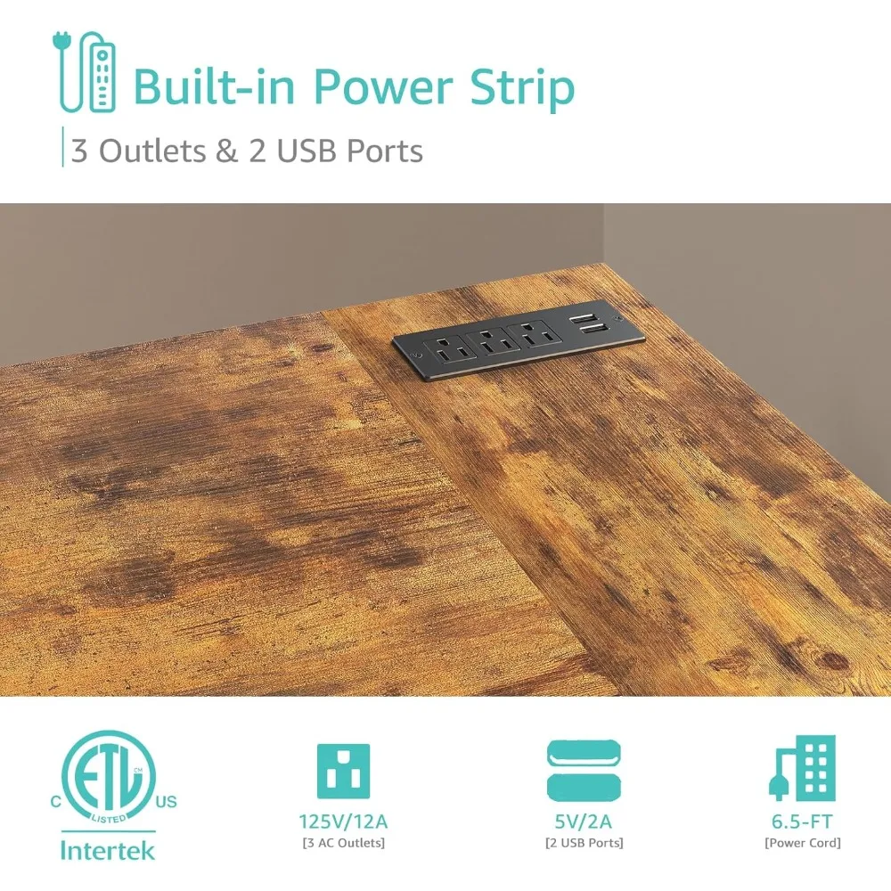 مكتب Lufeiya على شكل حرف L مع أدراج وتخزين، محطة عمل 55 زاوية مع مخرج طاقة للمكتب المنزلي أو غرفة النوم #6