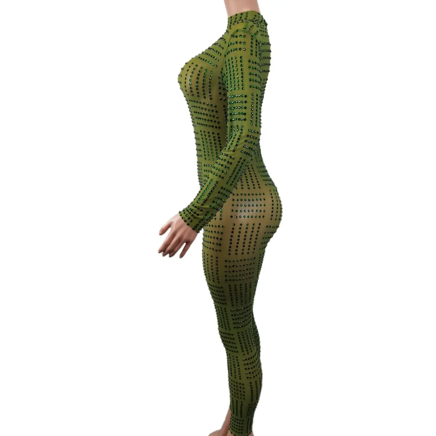 Luxury Green Rhinestones One Piece Jumpsuits Birthday Cosplay Costume Singer Dancer Show Bodysuit Women Bodycon Shining Rompers