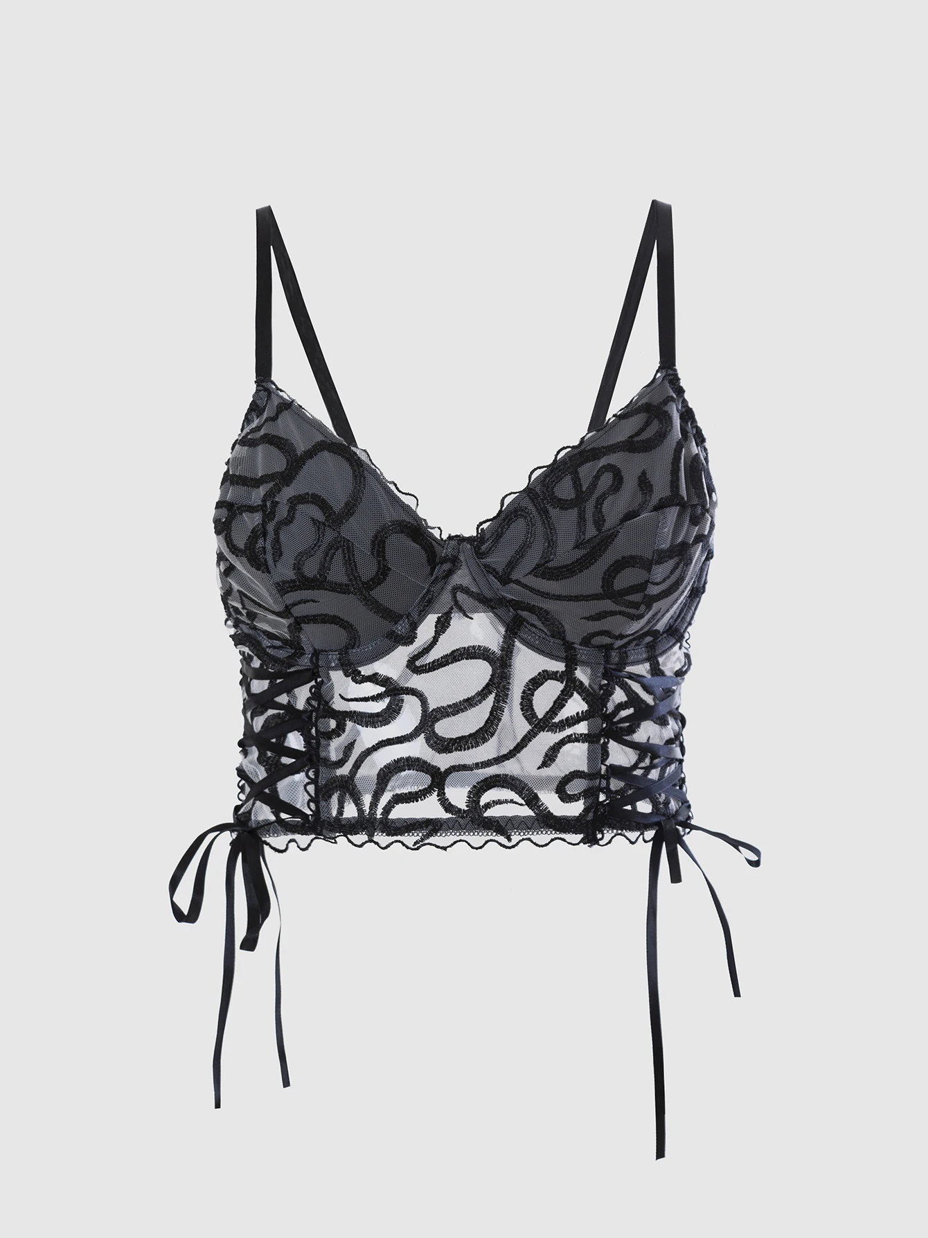 Dark style mesh embroidered camisole vest with side straps for women, cinched waist for slimming and sexy spicy girl short top