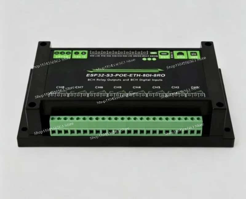 ESP32-S3 Industrial 8-Ch Relay Controller: WiFi/BT/Ethernet, RS485, PoE, 8x10A, DIN Rail, IoT PLC