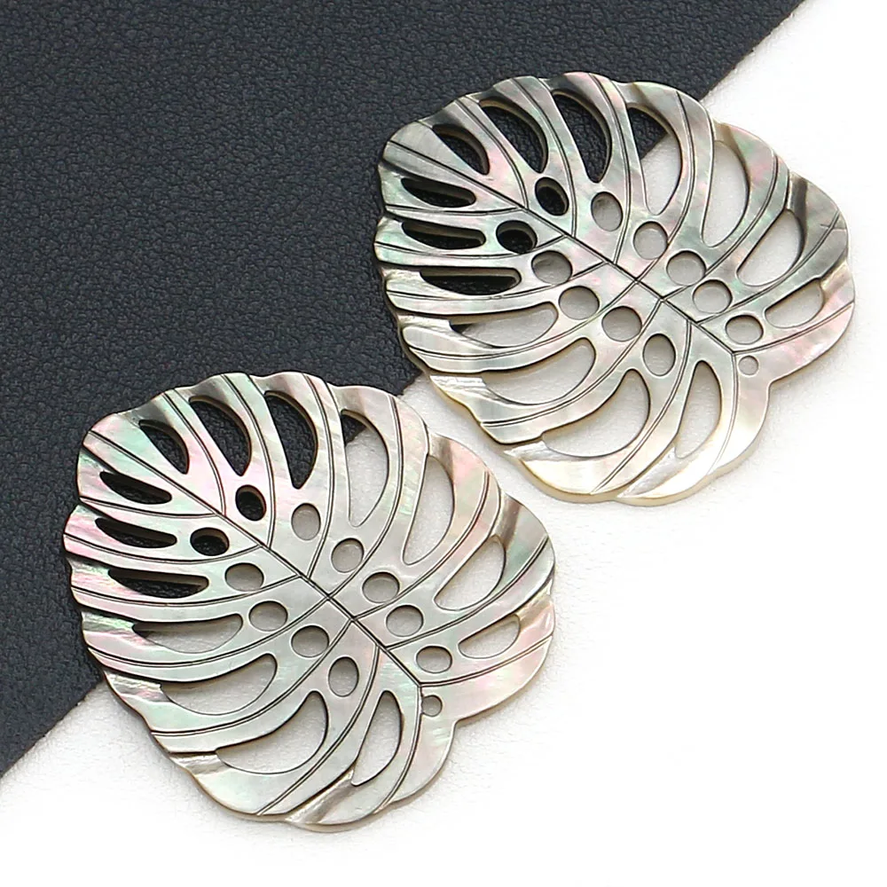 Single-sided Natural Black Shell Carved Leaf Shape Pendants Hollow-carved Craftsmanship Treatment Charms Necklace Accessory 1 Pc