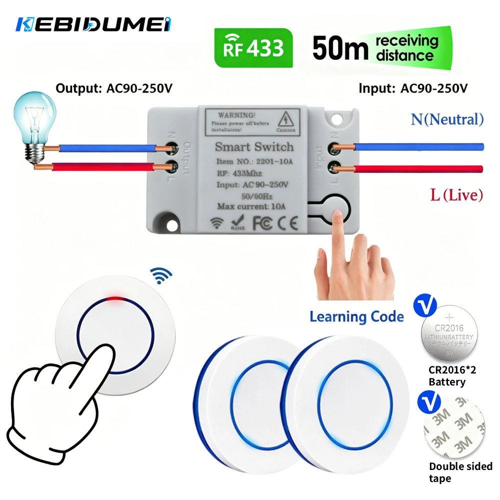 KEBIDUMEI RF 433MHz Funkfernbedienungsschalter AC 110V 220V 10A Relais-Empfänger Rundtasten-Sender für Licht Lampe Ventilator