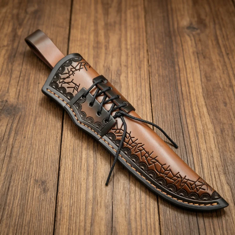 Vintage Lace-Up Hollow Emboss Split Cowhide Knife Sheath Black Cord Tied Waist Belt Tool Scabbard Sheath Only No Knife Included