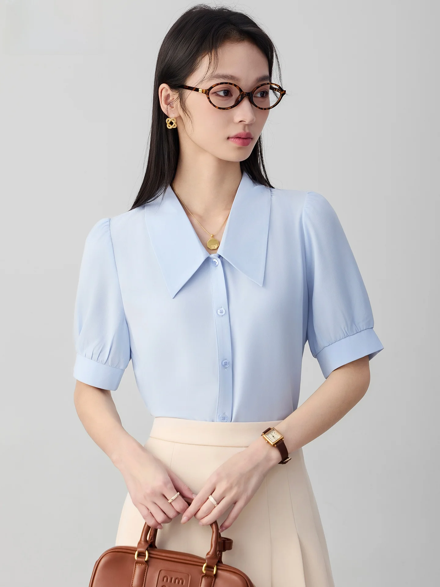 

Синяя шифоновая рубашка женская, новинка 2026 года, летний комплект для делового собеседования с юбкой, повседневный стиль, стандартная длина рукава, полиэстер