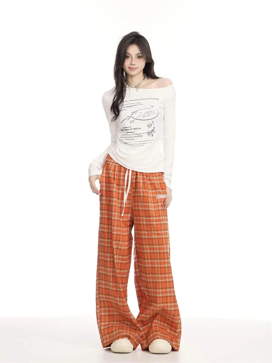 กางเกงลำลองลายสก็อตสีส้มสไตล์อเมริกันย้อนยุคทรงหลวมเอวสูงขาตรงยาวสำหรับผู้หญิง ใส่ได้หลายโอกาส