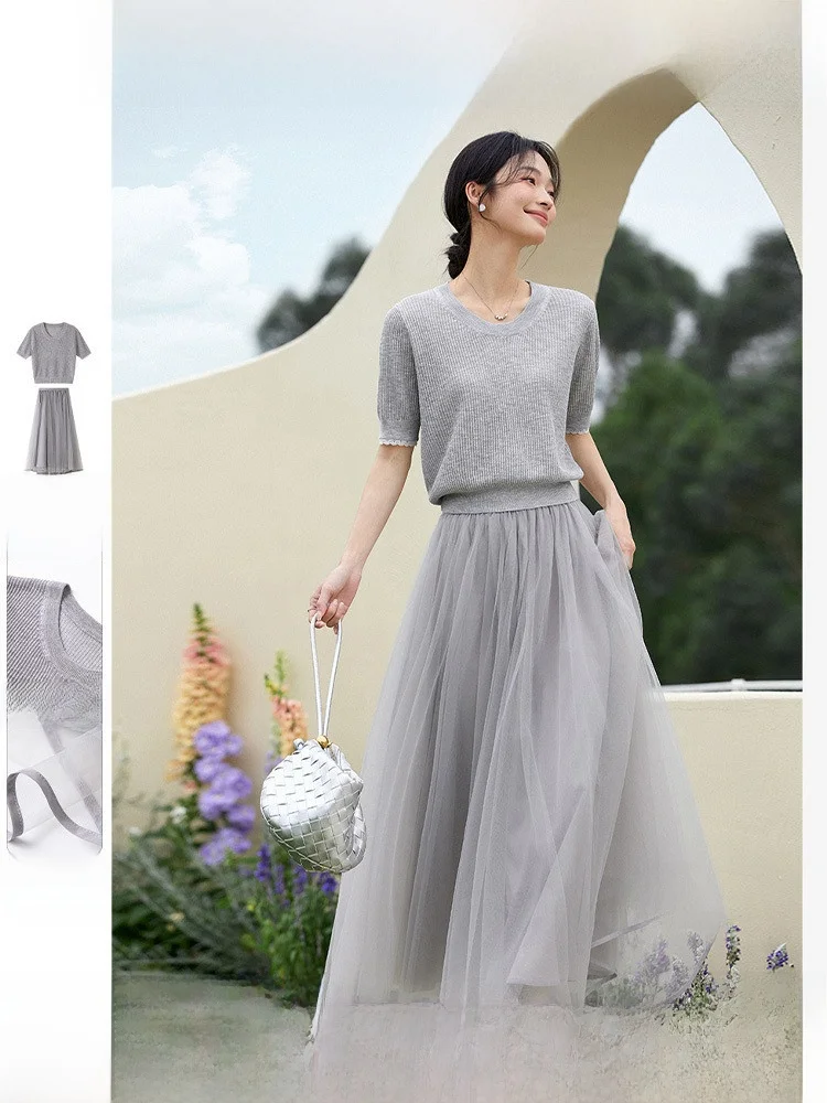 

Универсальный комплект из двух предметов: длинное платье с кружевными вставками и сеткой, нежный летний новый модный женский ансамбль с коротким рукавом и круглым вырезом