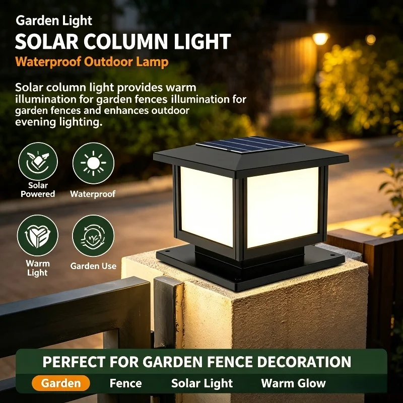 Solar Powered LED Column Light Waterproof Warm Outdoor for Garden Fence Post Yard Pathway Decor Dusk to Dawn Pillar Lamp