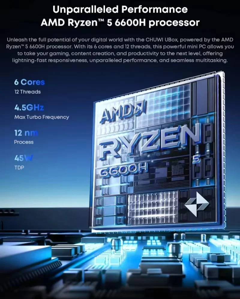 CHUWI UBox Mini PC AMD R5 16GB DDR5 512GB 6600H Computer a 6 core a 12 thread PCIe 4.0 SSD WiFi 6 BT5.2 Mini PC Computer desktop