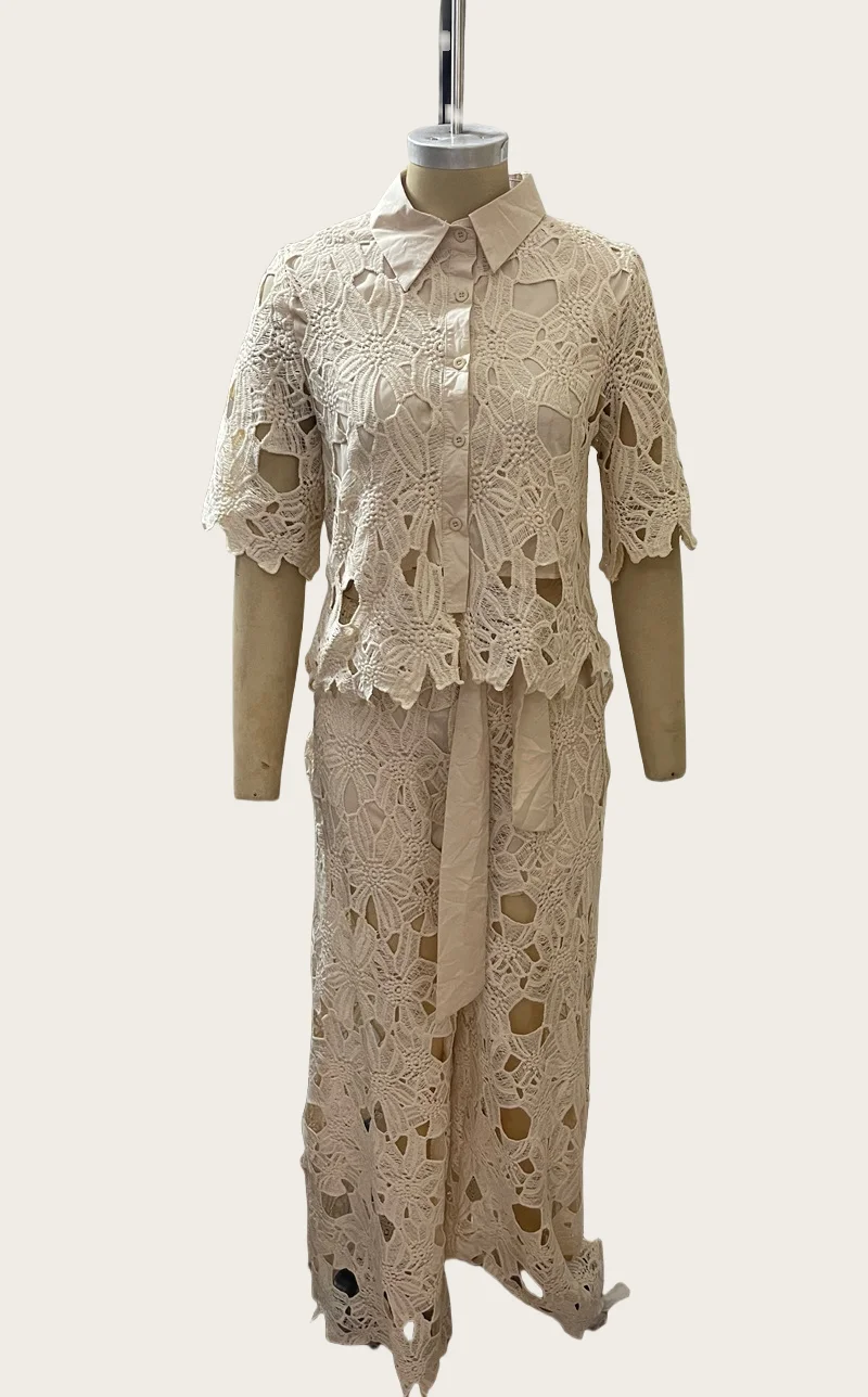 Women Hollow 2Pcs Lace Outfit Embroidery Retro Temperament Suit 2024 Elegant Button Short Sleeved Blouse Tops&Tie-up Pants Set