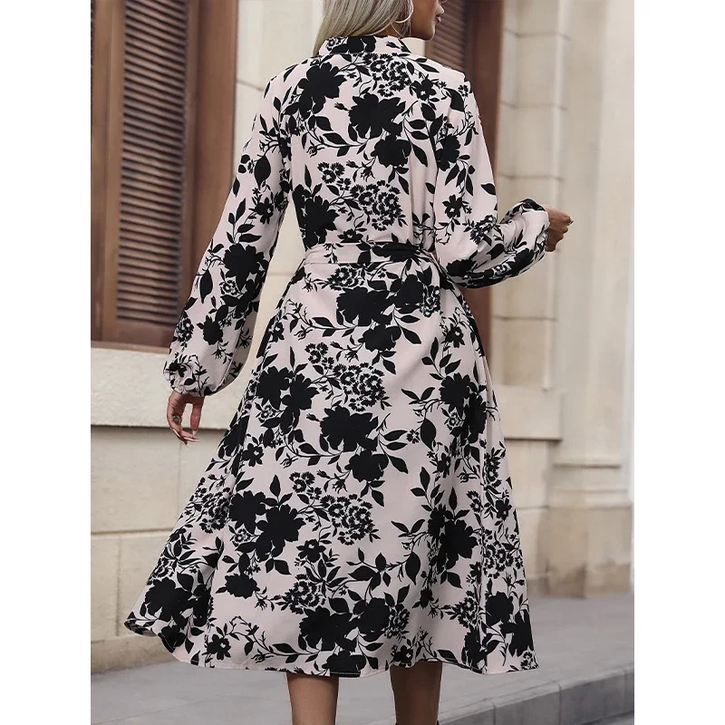 

Jennifer 2024 Fashion Dresses New Floral Printed Split-Joint Tied Waist Loose Puff Sleeves Stand Collar Shirt Dress Midi Dresses