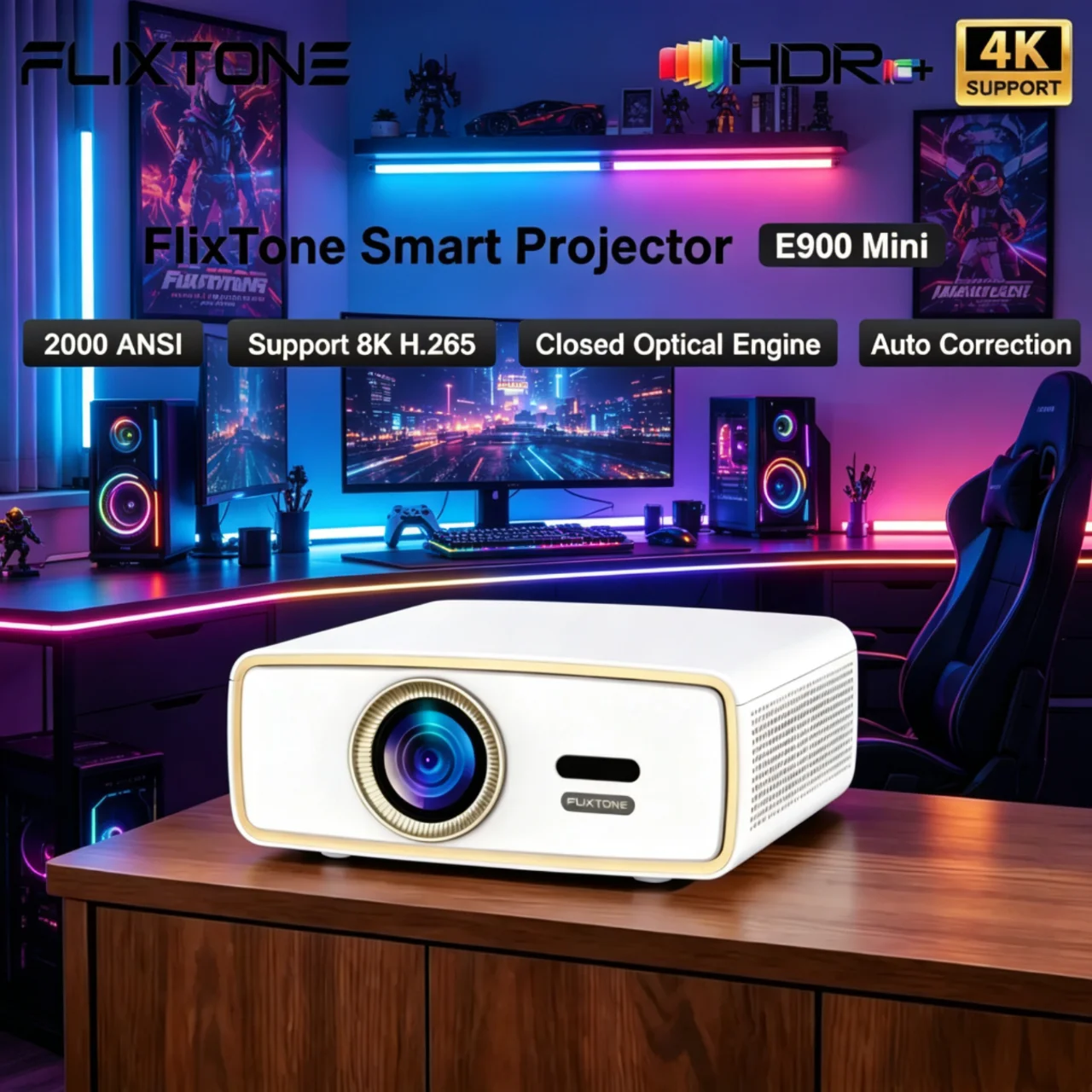 

E900 mini projector supports 4K decoding, mini portable Android smart TV, with HDR10 WiFi home theater, suitable for camping