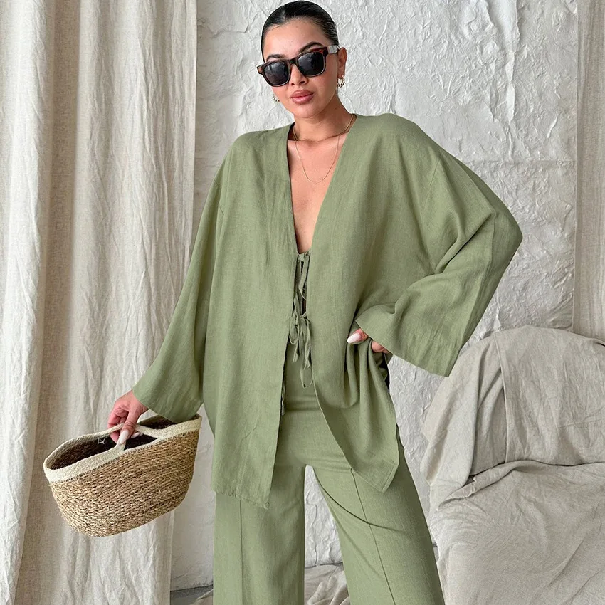 Flare Sleeve Lace-up Cardigan And Wide Leg Pant Set Cotton Loose Long Sleeve Jacket Trouser Homewear Spring Summer Simple Suit