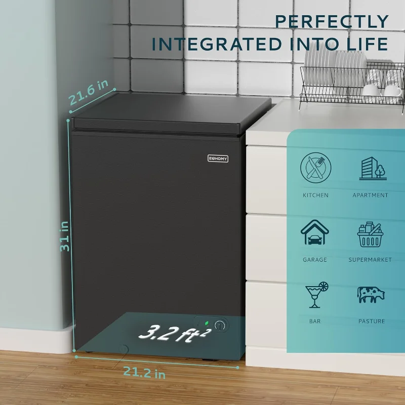 فريزر الصدر EUHOMY 3.5 قدم مكعب مع سلة قابلة للإزالة، فريزر عميق صغير قابل للتعديل 7 ترموستات، فريزر صغير هادئ