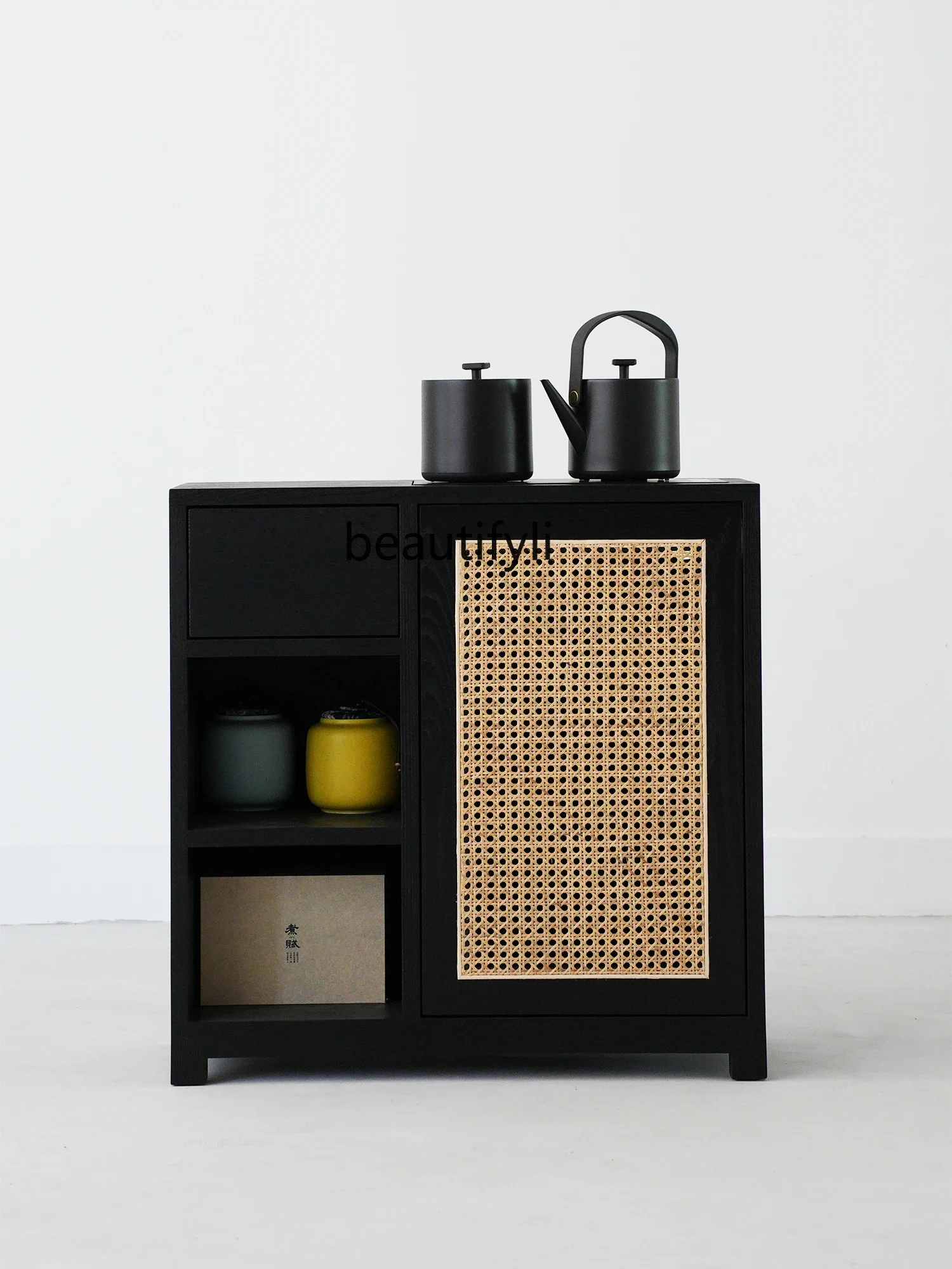 Ash Wood Solid Wood Tea Cabinet Kettle Bed & Breakfast Tea Table Side Cabinet Black Rattan Water Boiling Cabinet