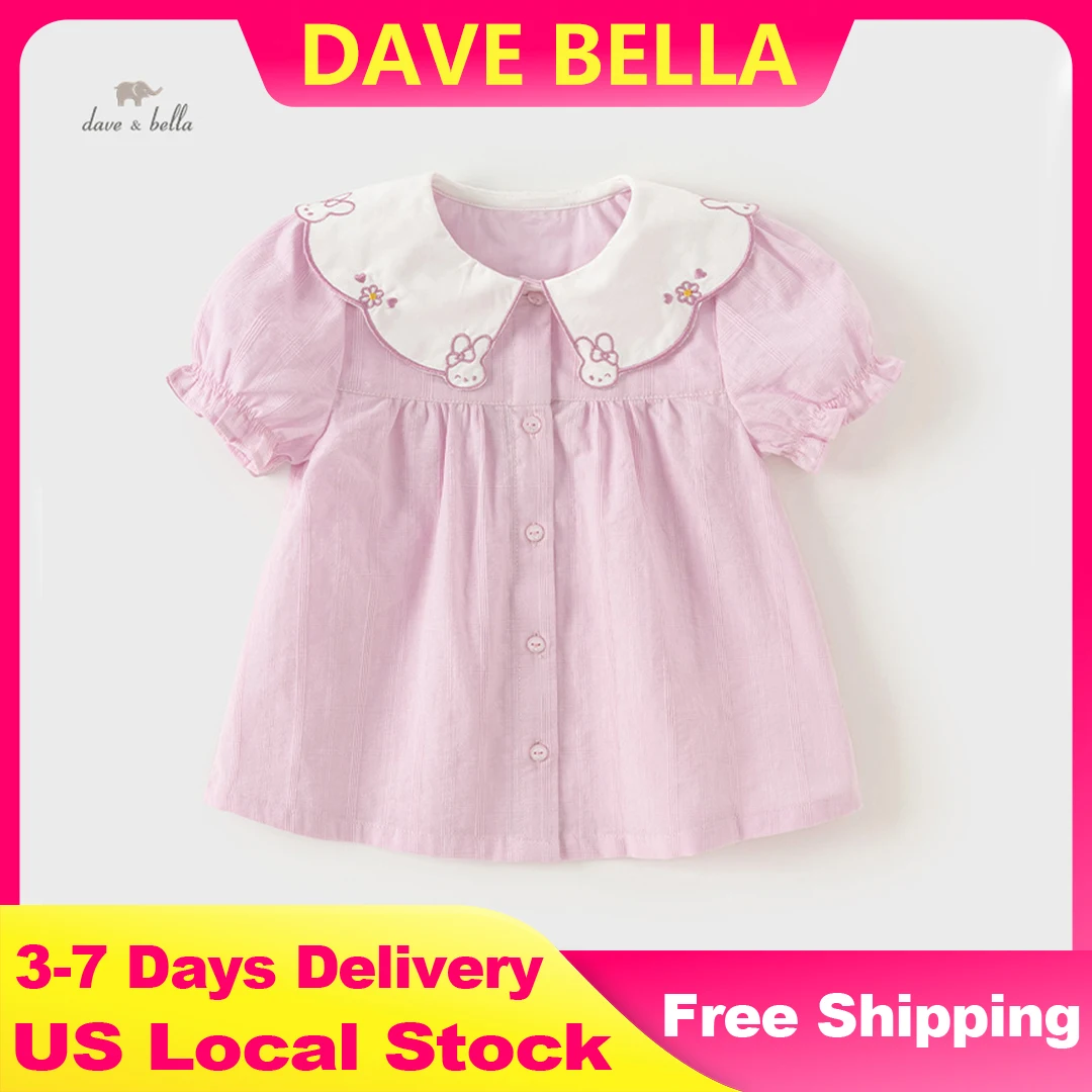 Dave Bella Children's Puff Shirt Sleeve Shirt Cute Cotton Summer Blouse for Girls Button-Down Top Party Clothes DB2243504