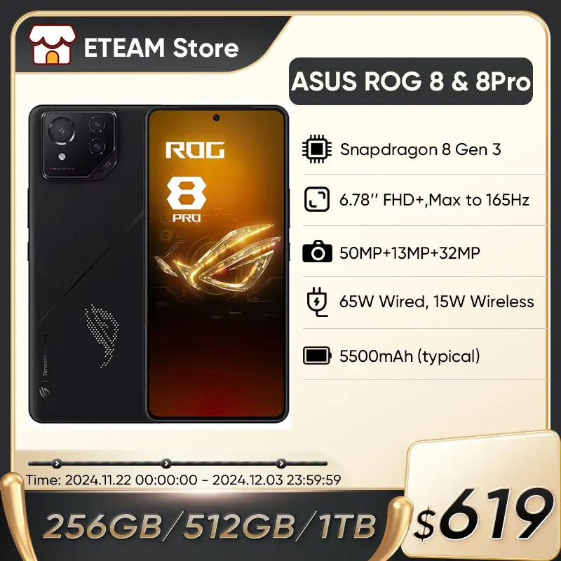 ASUS ROG 8 & 8 pro android 5G Gaming Phone Global Rom Snapdragon 8 Gen 3 6.78'' 165Hz AMOLED Screen 5500mAh 65W Fast Charge