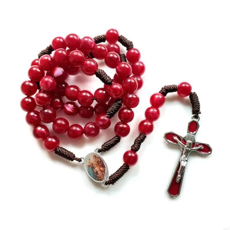 N84C 10mm Acrylic Bead Rosary Necklace Vintage Weave Catholic Religious for Cross Jesus Pendant Necklaces for Men Women