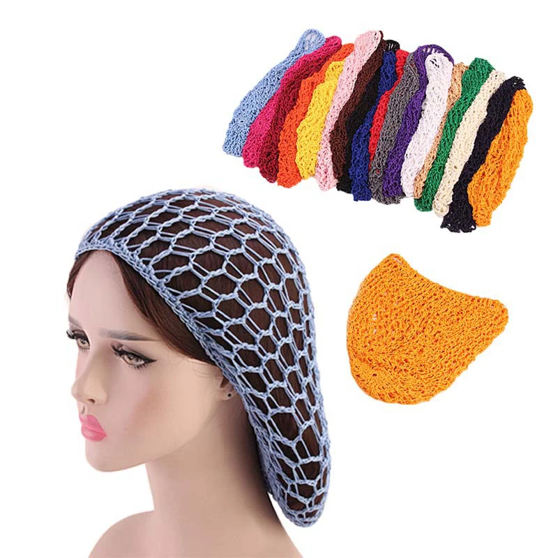 Womens Mesh Hair Net Crochet Cap Solid Color Snood Sleeping Night Cover Turban