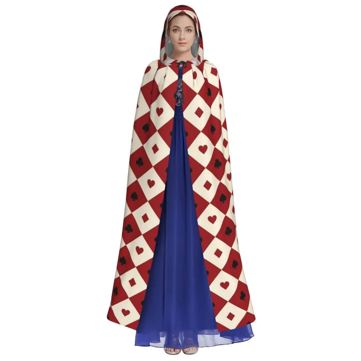 Aldult Red Queens Hearts Cloak with Hood Halloween Diamond Grim Reaper Robe Costume for Party
