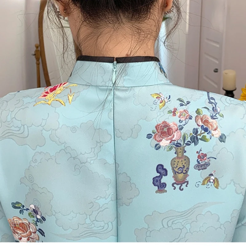 Rot blau lose neue Mode moderne chinesische Cheong sam A-Linie Kleid Frauen Ärmel Qipao traditionelle chinesische Kleidung