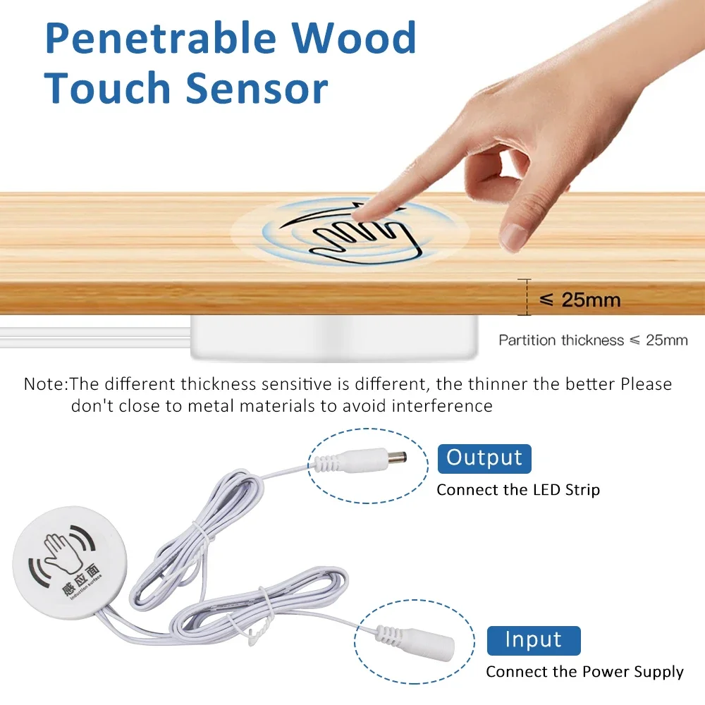 DC 12V Penetrable Wood Touch Sensor LED Strip Lights Hand Sweep Control Dim Tape Lamp 1M 2M 3M 4M 5M Kit Closet Cabinet Lighting