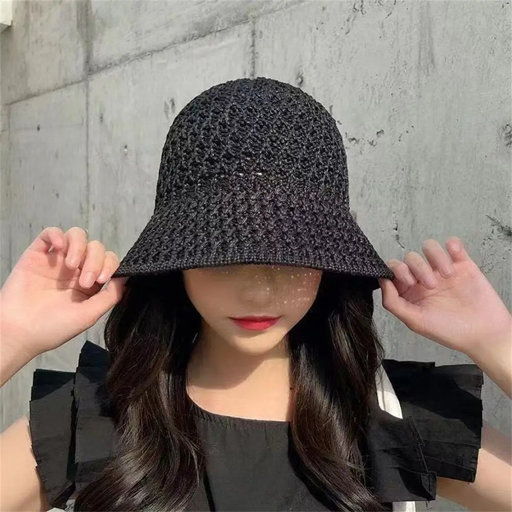 Bucket Hat Spring Summer Hollow Knitted Hat Solid Color Sunhat Fisherman Caps Casual Foldable Beach Cap