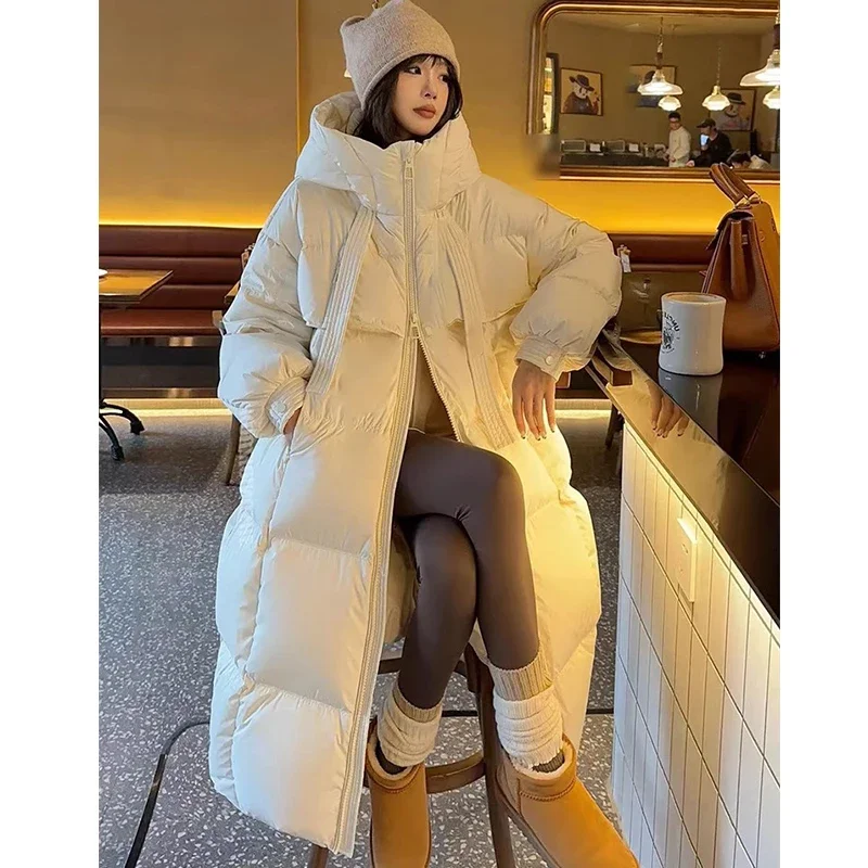 Women\'s Down Cotton Padded Jackets Korean Thickened Warm Long Overcoat Solid Hooded Overall Topcoat 2024 Winter