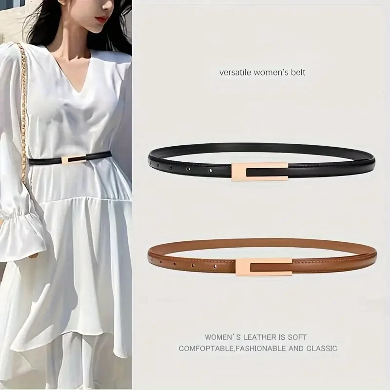 quality Luxury Gold Buckle Genuine Leather Belt Women Fashion Cowskin Thin Metal Black White Belts Female Jeans Dress Waistband