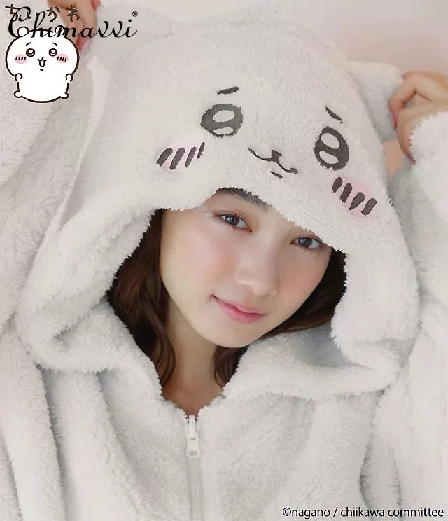 Japanese Style Autumn and Winter Sweet and Cute Long Sleeve Hooded Pajamas Solid Color Loose Zip Kawaii Warm Y2k Coat for Women