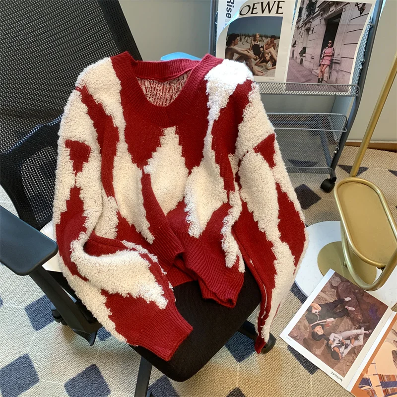

2023 Women Knitted Sweater Fashion Long Sleeve Pullovers Winter Argyle Loose Sweater Korean Style Women Jumper Pullover Top
