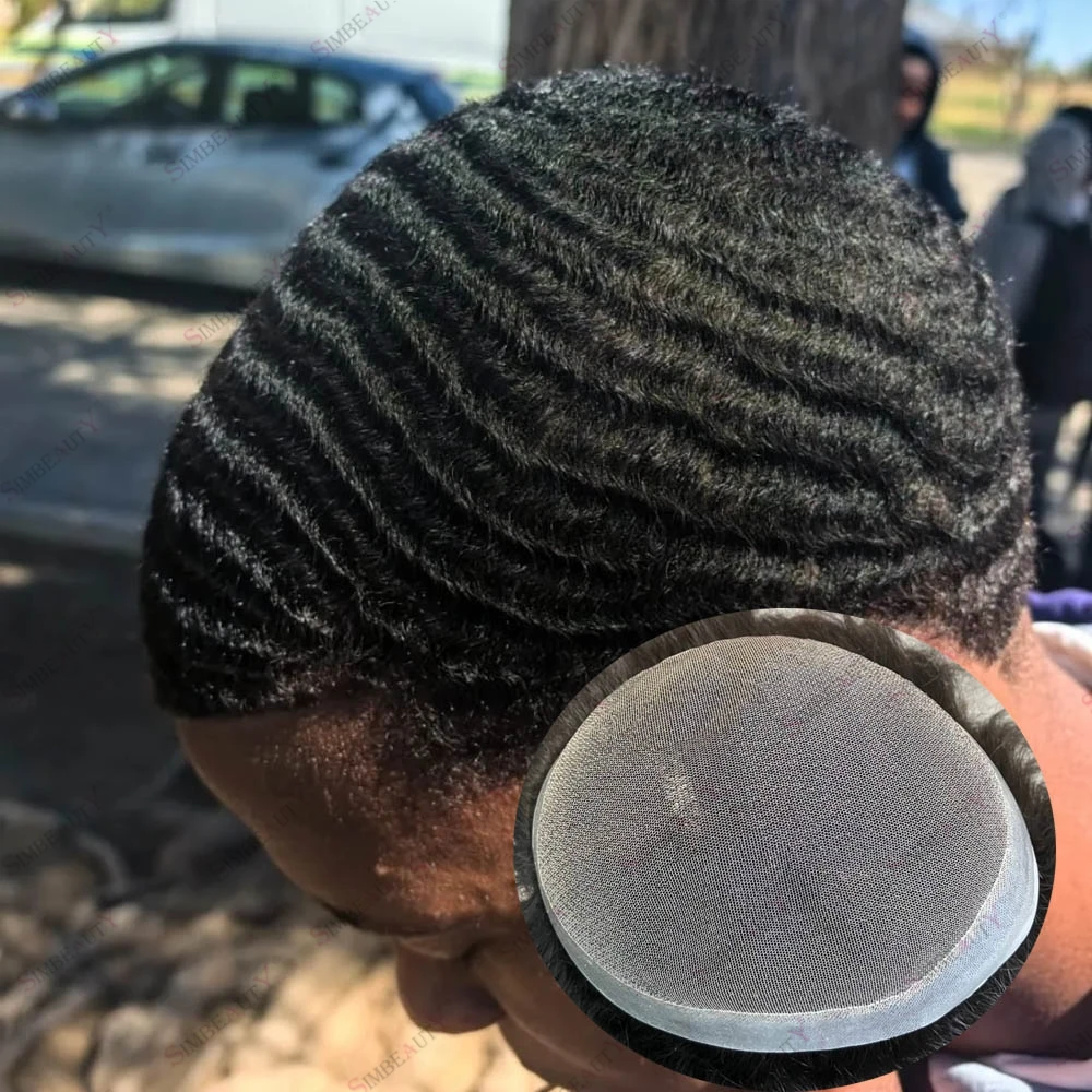 Prótese Capilar Masculina Afro-Americana de Cabelo Humano, Respirável, com Renda e PU, Linha Capilar Natural, Ondas 360, Opções de 8mm e 10mm