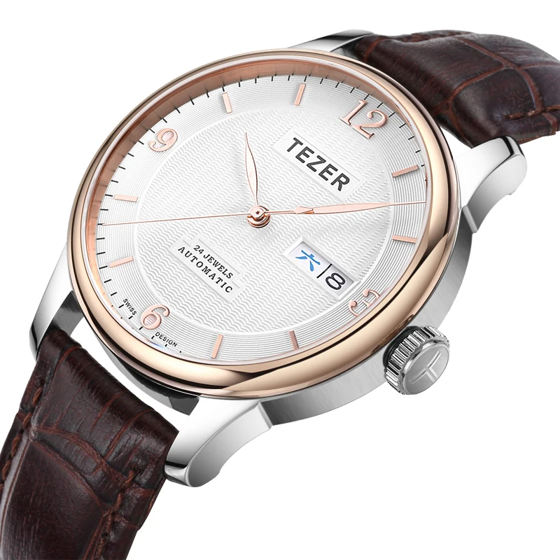 TEZER Men Automatic Watch | Rose Gold Bezel | Arabic Numeral Dial | Day‑Date Window | 50M Water Resistant Wristwatch