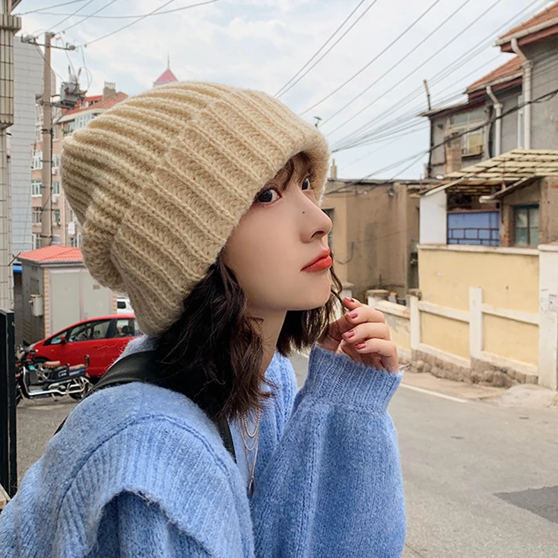 المرأة محبوك قبعة مخططة الخريف الشتاء فضفاض مترهل قبعة بلون فتاة سيدة في الهواء الطلق قبعة دافئة عادية لينة بونيه قبعة