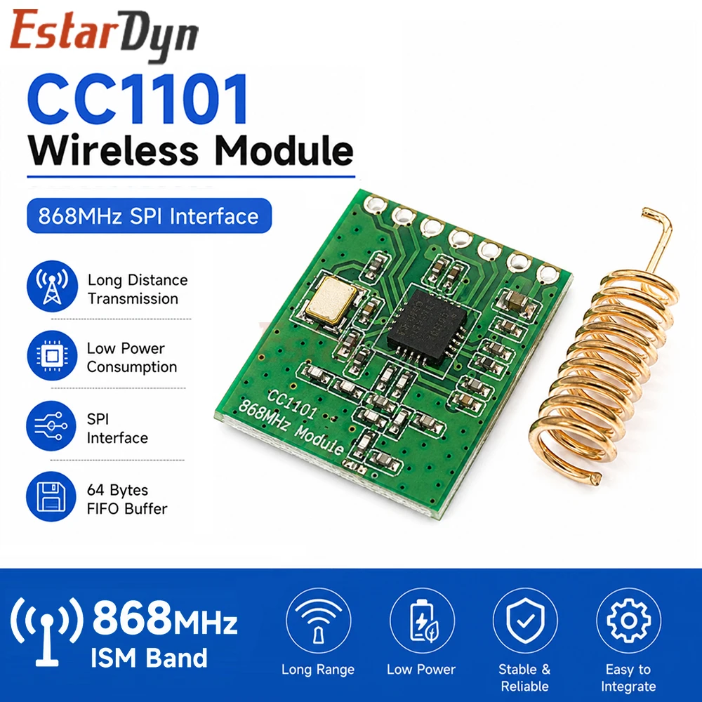 Módulo Transceptor SPI Estardyn CC1101 868MHz Banda ISM de Baixa Potência e Longo Alcance com Antena 64B FIFO FSK GFSK OOK/ASK/MSK